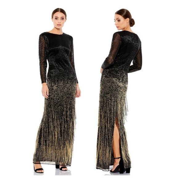 NWT Mac Duggal Size 4 Black Gold Beaded Fringe Gown - Picture 1 of 16